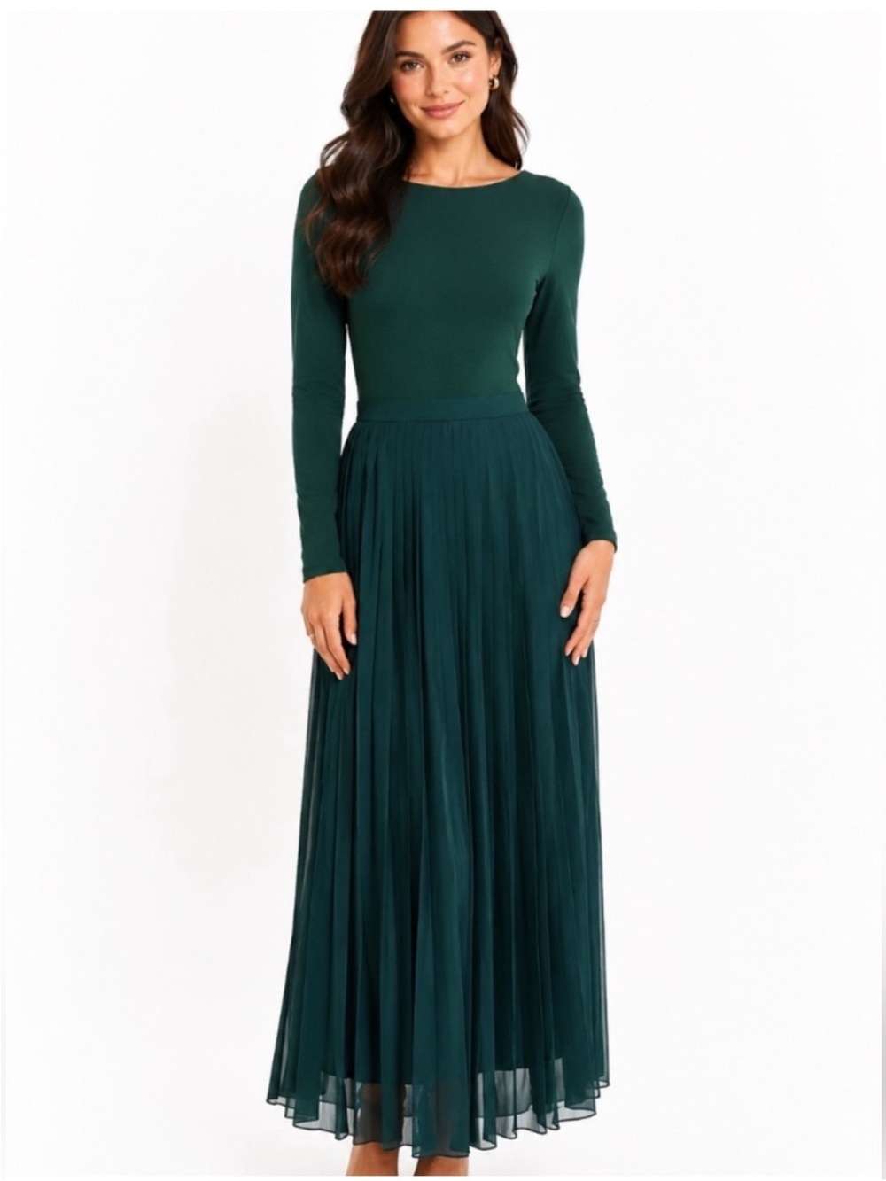 J.Crew Pleated Ballet Maxi Dress Stretch Cotton Blend Green Long Sleeve Size XL